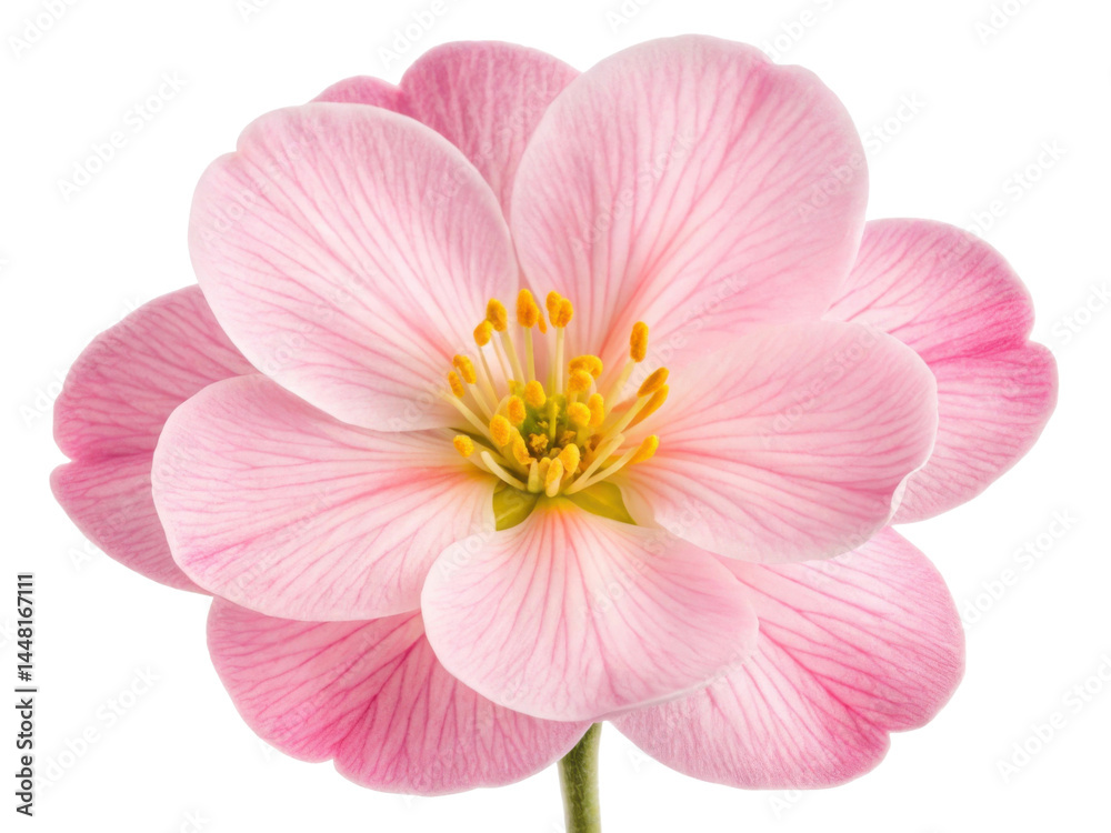 Fototapeta premium Primrose flower blooms beautifully with delicate pink petals and vibrant yellow stamens, creating serene and uplifting atmosphere