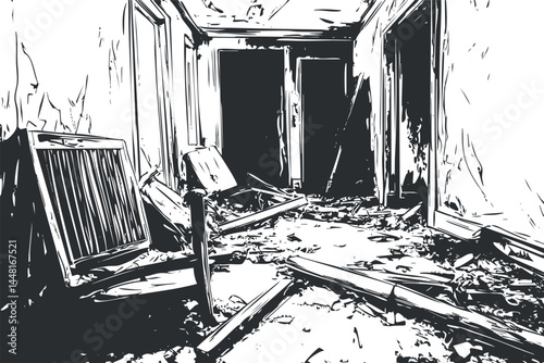 Black and white illustration of an abandoned damaged interior hallway filled with debris and broken furniture