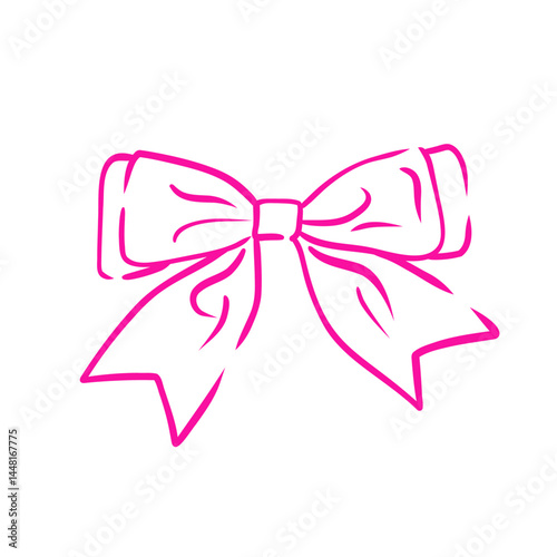 Coquette bow. Aesthetic elegant pink bow. Hand drawn vintage girly decor. For Valentine day and wedding, christmas cards.