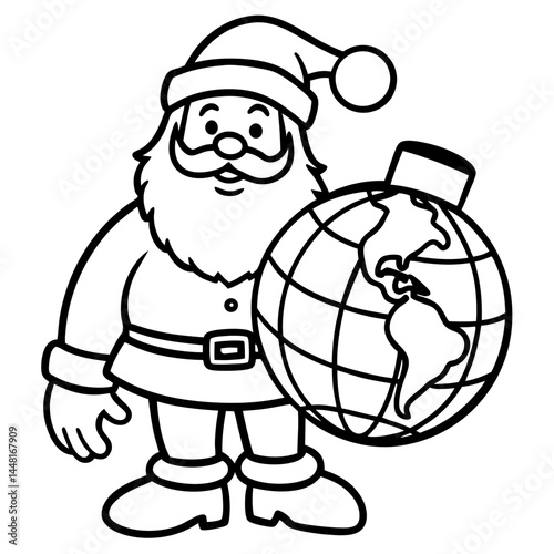 Santa Planning Routes with Globe – Vector on White