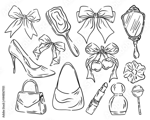 Hand drawn Aesthetic elegant decor for Valentine day and wedding invitations, cards, poster. Set coquette girly elements. Line art of shoes, lipstick, perfume, cherry, bag.