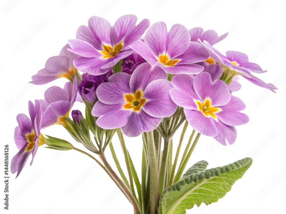 Fototapeta premium Beautiful primrose flowers bloom in vibrant shades of purple, showcasing their delicate petals and lush green leaves