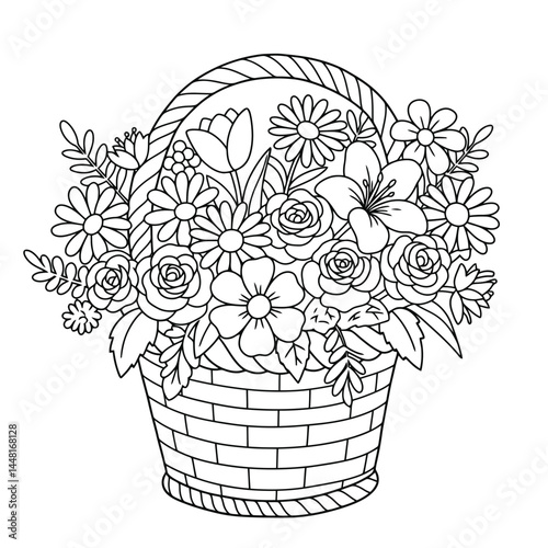 Beautiful line art illustration of a wicker basket filled with blooming flowers like daisies and roses, showcasing elegant details and calming, intricate designs. Ideal for coloring activities and dec