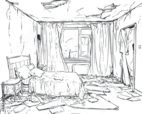 Black and white illustration of an abandoned bedroom with damaged walls ceiling and broken furniture