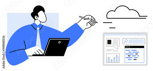 Person using laptop and stylus to interact with a cloud interface and webpage elements. Ideal for cloud computing, software development, data management, innovation, remote work, technology