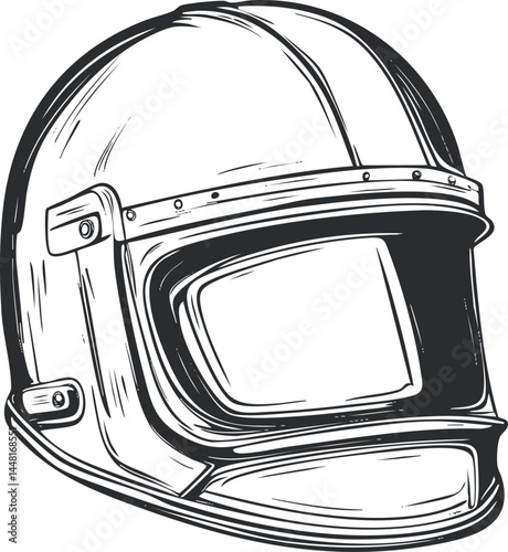 Black and white detailed sketch of a motorcycle helmet with visor for rider protection