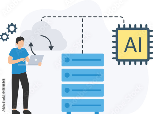 Programmer using laptop managing cloud computing and artificial intelligence, integrating AI algorithms into cloud platforms for enhanced processing power, developing and deploying machine learning 