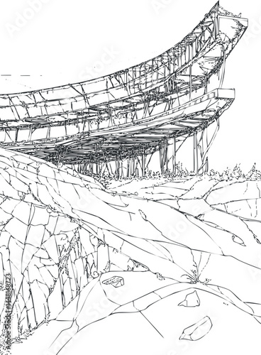 Black and white line drawing of a large elevated bridge or overpass structure supported by steel beams over rocky terrain.