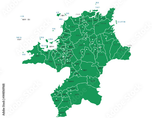 福岡県　地図　グリーン　斑点　イラスト