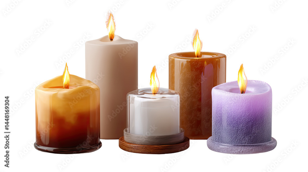 Illuminating Ambiance: Five diverse candles glow brightly, each with a unique color and shape, evoking a sense of warmth and serenity. The flickering flames create a captivating visual. Illuminating Ambiance: Five diverse candles glow brightly, each with a unique color and shape, evoking a sense of warmth and serenity. The flickering flames create a captivating visual.