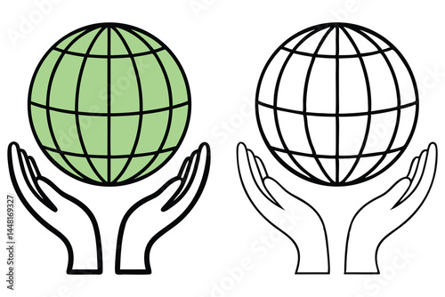 Two outstretched hands cradle a simple wireframe earth globe icon, one green and the other monotone