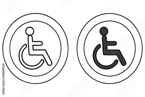 Two distinct wheelchair accessibility symbols present variations in design within circular borders on white
