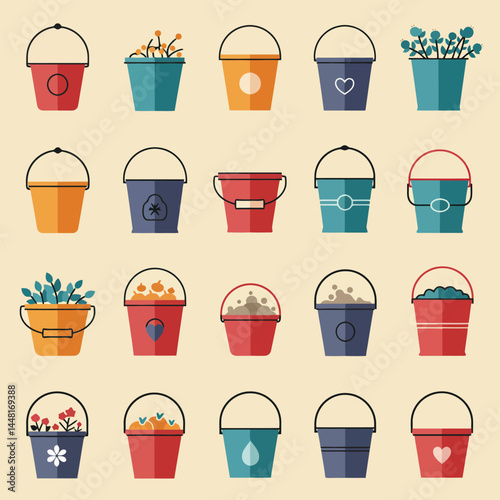 A set of illustrated buckets in multiple colors and designs featuring stars, circles, and other shapes. Perfect for showcasing creativity, organization, and household tools in a playful style.

