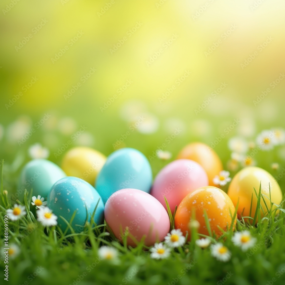 Bright Easter eggs scattered among daisies on a sunny day. Bright Easter eggs scattered among daisies on a sunny day.