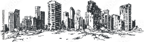 Black and white sketch of destroyed city buildings depicting urban ruins and postapocalyptic devastation scene