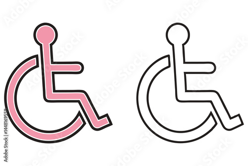 Pink wheelchair accessibility symbol outlined in black contrasts with a basic line drawing icon