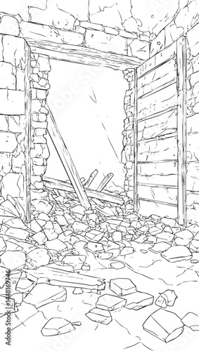 Black and white line art of a ruined stone building interior with broken wooden door and rubble on floor