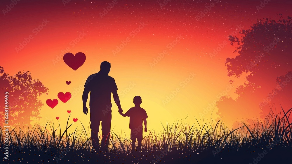 Fototapeta premium A silhouette of a man and a child walking together in a field at sunset, with hearts floating around them.