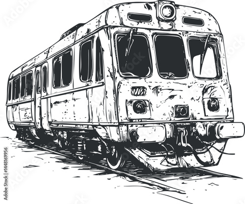 Black and white detailed sketch of an old train locomotive on railway tracks, symbolizing transportation and travel.