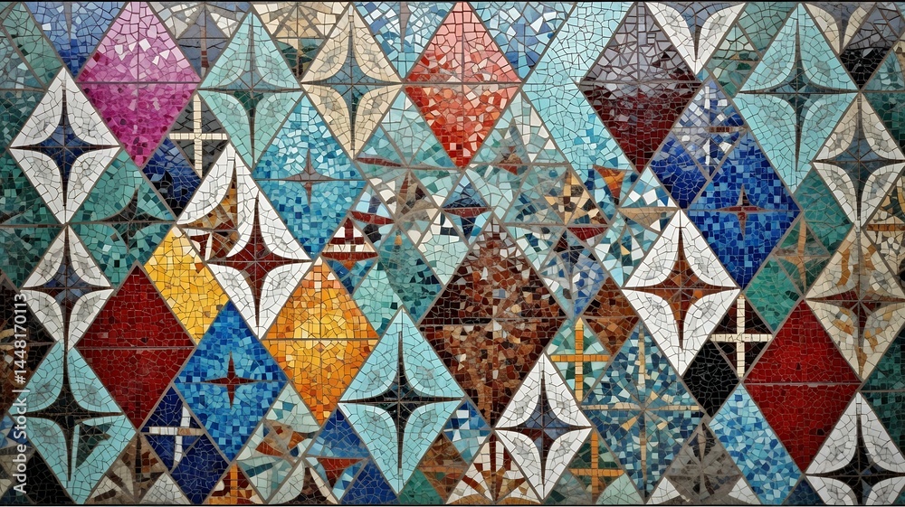 Seamless mosaic tile background in vibrant colors with geometric symmetry, perfect for cultural and artistic themes Seamless mosaic tile background in vibrant colors with geometric symmetry, perfect for cultural and artistic themes