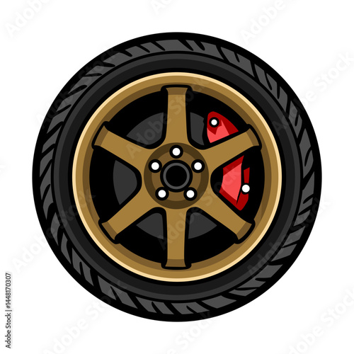 Vector Car Wheel Rim with Sport Tire and Red Brake Caliper