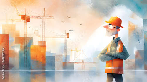 A reflective construction worker stands proud amidst a developing city, embodying hope and resilience.