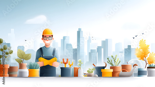A joyful worker in safety attire cultivates a vibrant rooftop garden, surrounded by city skyline.