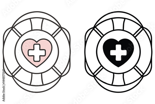 Outlined pink heart and cross emblem is surrounded by a life preserver in two styles
