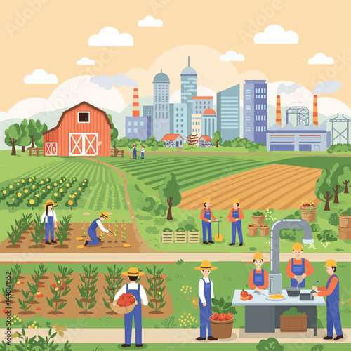 Harmony of Rural and Urban Life: Farmers cultivate crops, while the cityscape stands tall in the background. A dynamic representation of agriculture and industry.