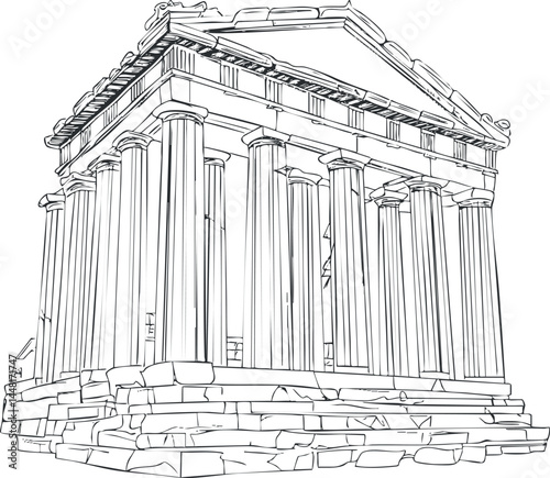 Black and white line drawing illustration of an ancient Greek temple with classical columns and stone steps