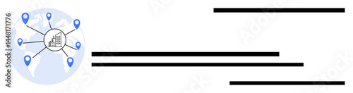 Globe with location pins connected to a centralized building icon, symbolizing worldwide connections, communication, and logistics. Ideal for business, technology, networking, logistics, data flow