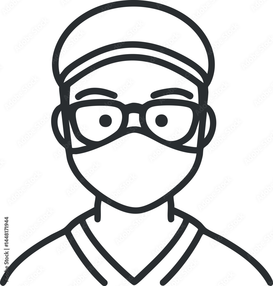 Black and white line drawing of a man wearing a cap, glasses, and a protective face mask Black and white line drawing of a man wearing a cap, glasses, and a protective face mask
