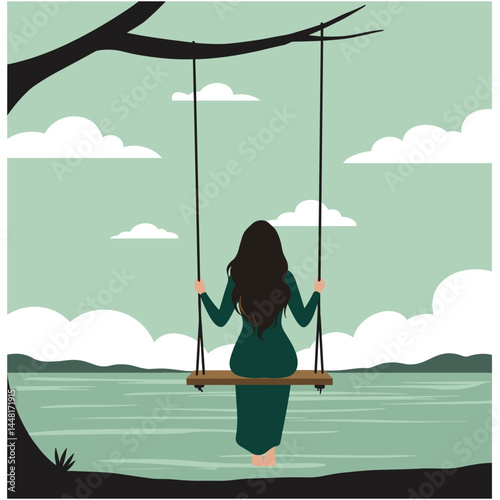 Woman on Swing with Ocean View: A woman sits on a swing, facing the ocean, with a gentle breeze blowing her long hair. She's lost in thought, enjoying the tranquility of the moment.