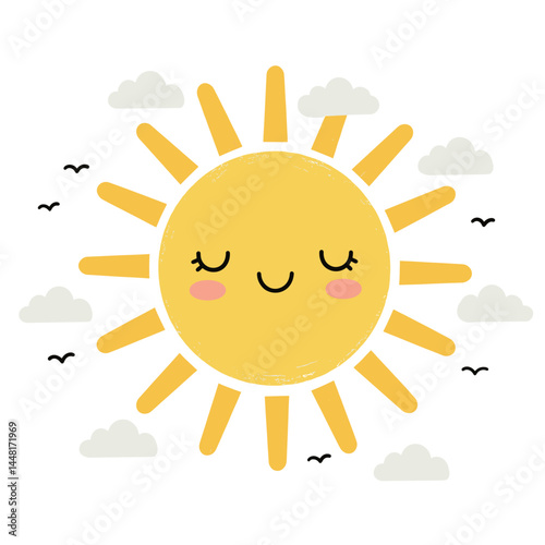 Smiling Sun Cartoon in the Sky: A cheerful cartoon sun radiates joy, complemented by fluffy clouds and flying birds, all set against a beautiful day, evoking feelings of happiness and warmth.