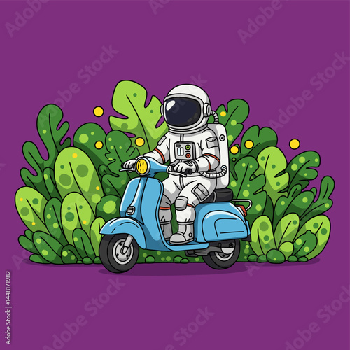 Astronaut's Interstellar Ride: An astronaut, boldly venturing beyond the cosmos, embarks on a unique journey, riding a scooter amidst lush alien foliage.