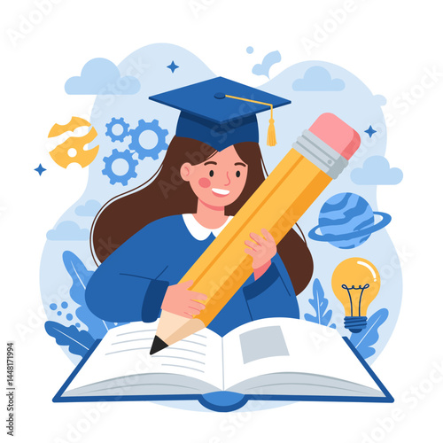 Academic Journey Illustration: A cheerful graduate holds a giant pencil, symbolizing education, creativity, and the pursuit of knowledge. She's ready to write her next chapter.