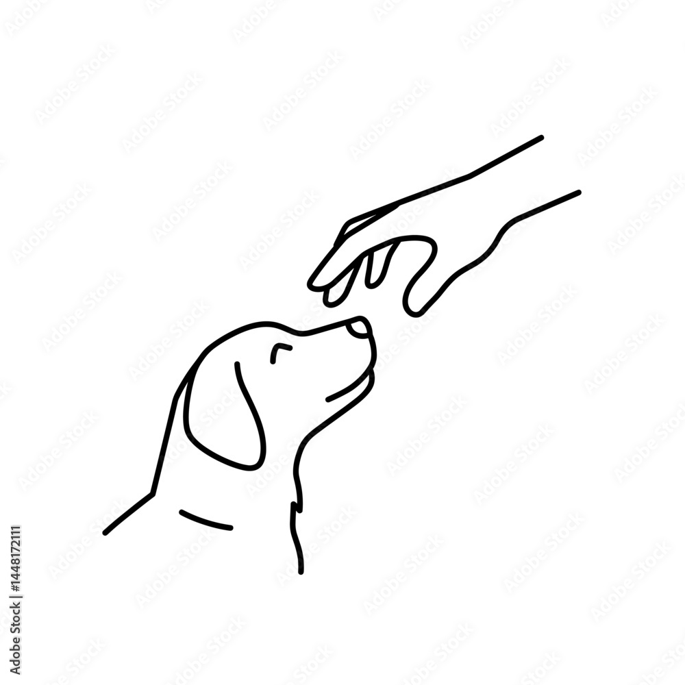 Fototapeta premium Dog Trust: A gentle hand reaches out to caress the face of a dog, symbolizing the bond of trust and connection between humans and animals.