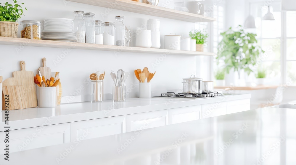 Modern Kitchen Interior: Bright, airy kitchen with minimalist design featuring sleek countertops, open shelving, and modern appliances.