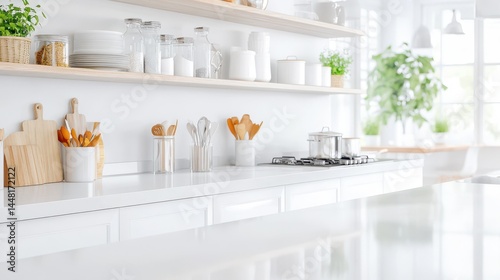 Obraz na płótnie Modern Kitchen Interior: Bright, airy kitchen with minimalist design featuring sleek countertops, open shelving, and modern appliances. w salonie