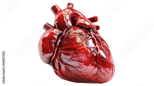 A detailed anatomical heart model displayed against a stark black background in high resolution