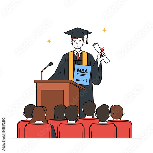 Scholar's Speech: A proud graduate, adorned in cap and gown, delivers a speech at a podium, clutching his diploma before an audience, a testament to academic excellence and achievement.