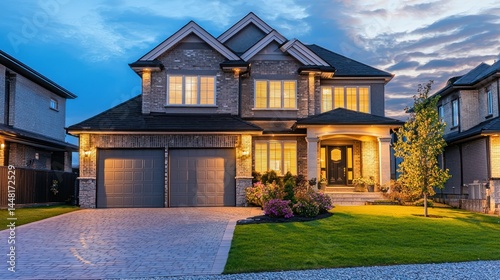 A luxurious, two-story brick house with a dark roof and white trim, illuminated by warm yellow lights, surrounded by a well-maintained lawn and a stone driveway.