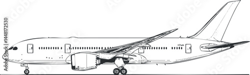 Side view illustration of a modern commercial airplane with detailed outline on white background