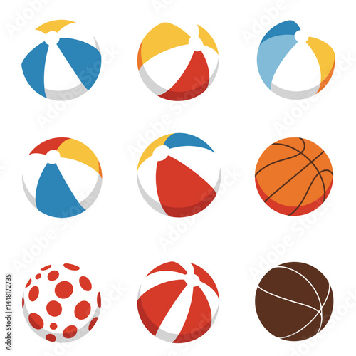 Vibrant collection of various types of balls including beach, basketball, and soccer balls, ideal for sports or recreation themes.

