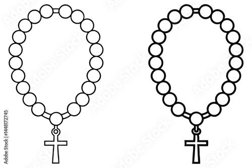 Two black outlined rosary beads with crosses convey a strong religious symbolism on white