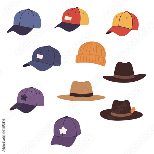 An assortment of illustrated caps and hats in various colors and styles, arranged neatly.

