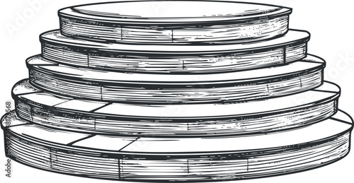 Hand drawn sketch of a round wooden tiered platform with multiple steps for display or stage use