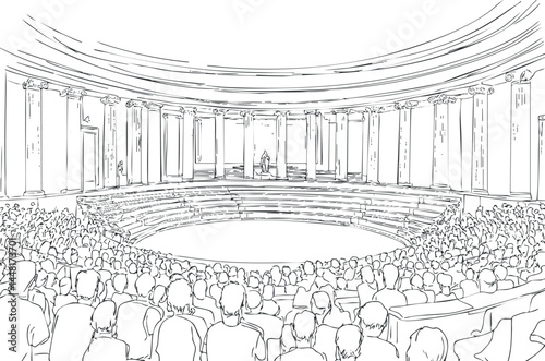 Audience gathered in a large round amphitheater with columns listening to a speaker at a lectern.