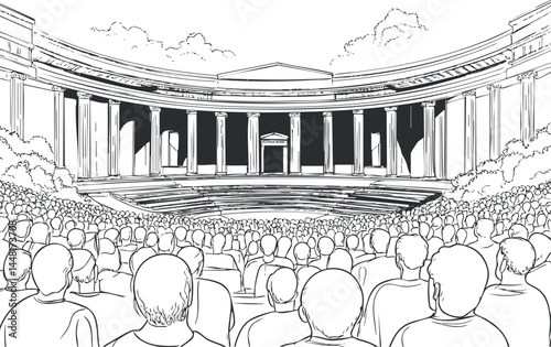 Black and white illustration of a large crowd watching a performance in a classical amphitheater with columns and stage.