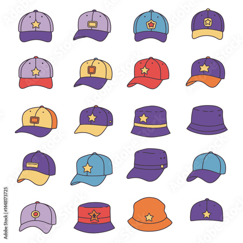 An assortment of illustrated caps and hats in various colors and styles, arranged neatly.

